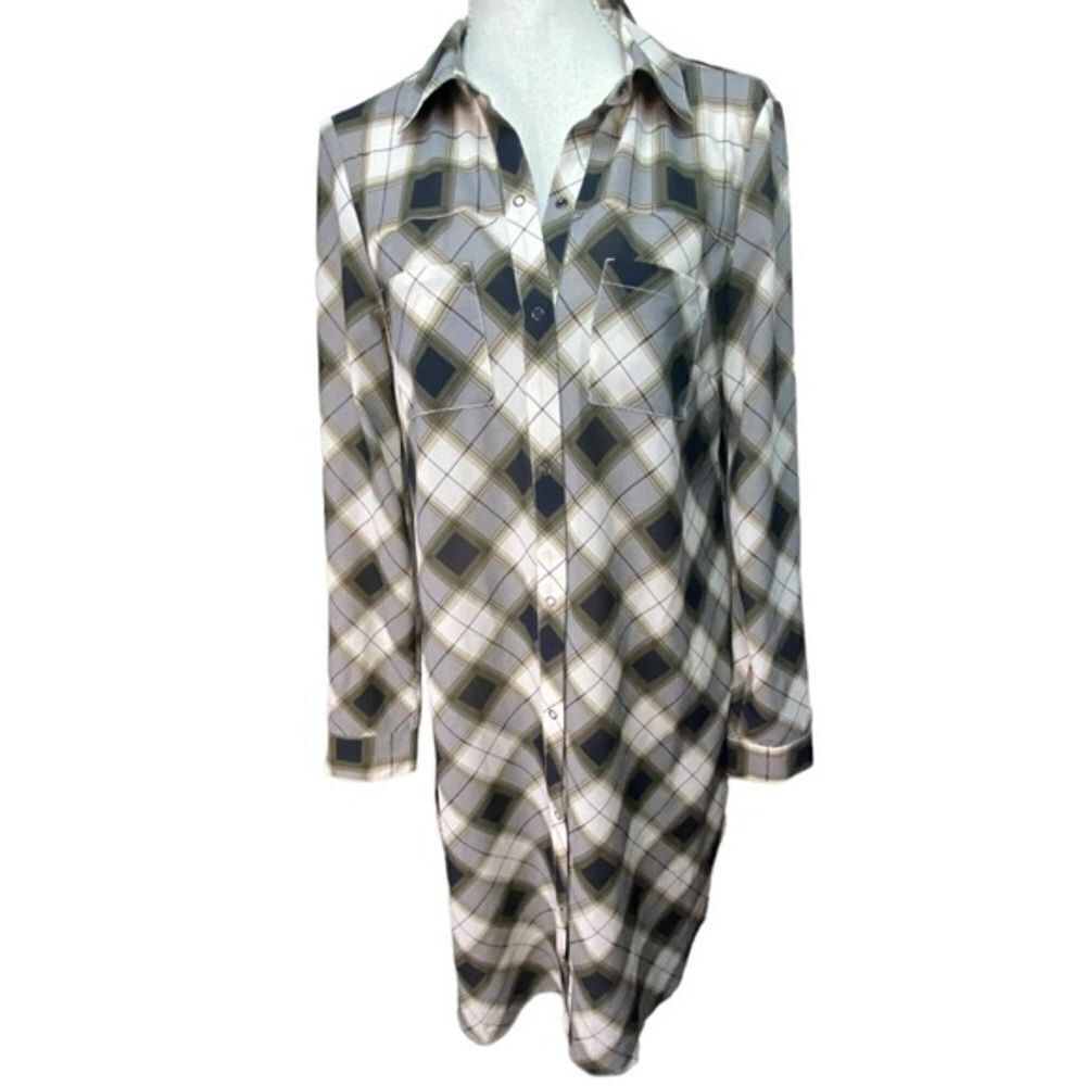 Prana Flint Charcoal Tan Plaid Maxi Shirt Tunic Shirt Wm’s Sz Small